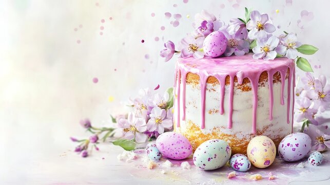 Aesthetic Easter cake (Kulich) with dripping icing, decorated with delicate spring flowers, a pastel coquette bow, and Easter eggs around it, watercolor style