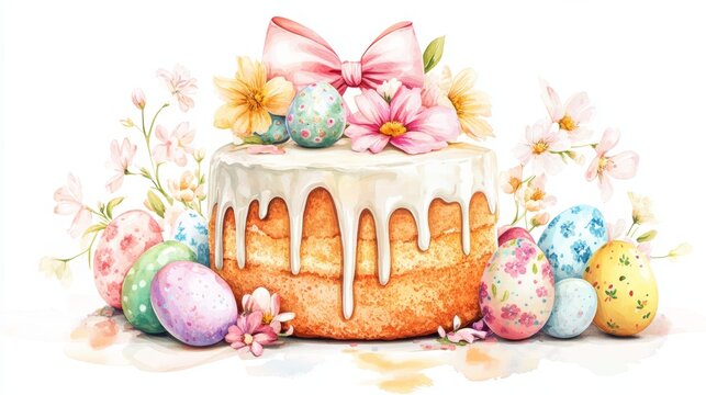 Aesthetic Easter cake (Kulich) with dripping icing, decorated with delicate spring flowers, a pastel coquette bow, and Easter eggs around it, watercolor style