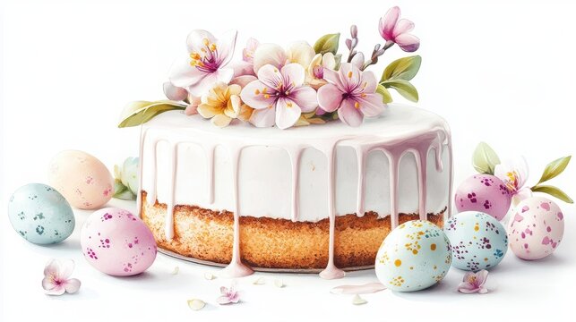 Aesthetic Easter cake (Kulich) with dripping icing, decorated with delicate spring flowers, a pastel coquette bow, and Easter eggs around it, watercolor style