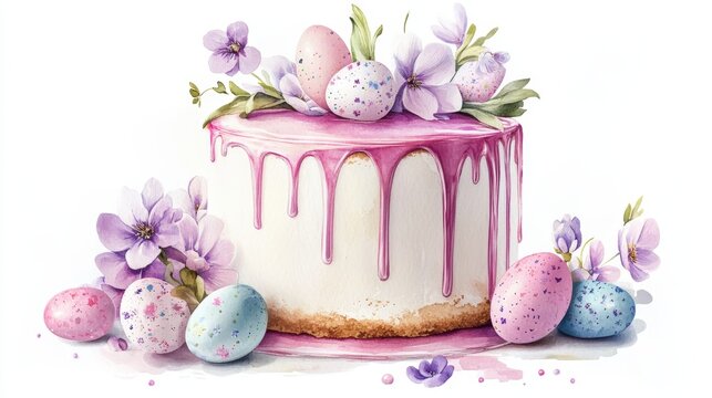 Aesthetic Easter cake (Kulich) with dripping icing, decorated with delicate spring flowers, a pastel coquette bow, and Easter eggs around it, watercolor style