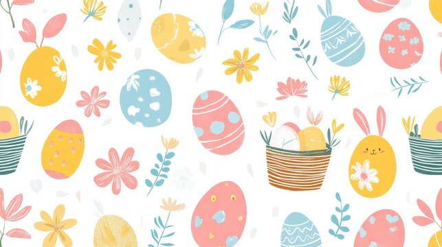 Easter Vector Pattern elements, Easter theme featuring repeating elements like Easter eggs, bunnies, flowers, and baskets