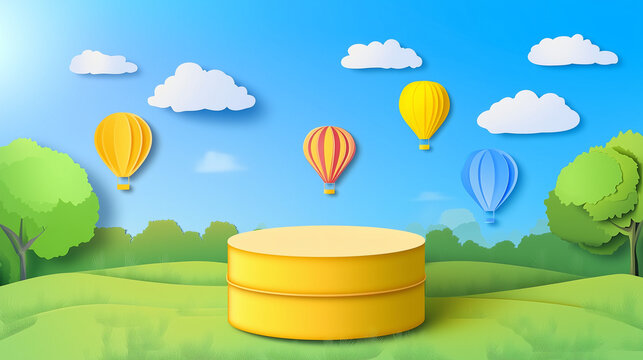 Paper cut of Summer season on green nature landscape, hot air balloons and clouds on blue sky background with yellow color cylinder podium for products display presentation