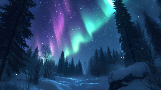 Vivid auroras illuminate a snowy forest beneath a starry night. Polar Glow. Illustration