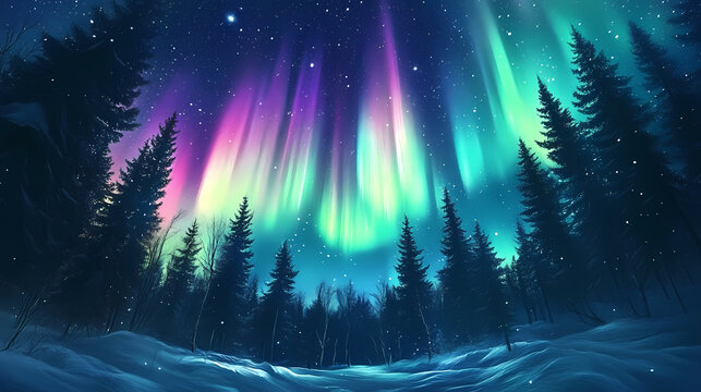 Vivid auroras illuminate a snowy forest beneath a starry night. Polar Glow. Illustration