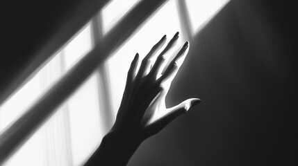 Close-up of a hand reaching towards a bright light, creating long, dramatic shadows on the wall.