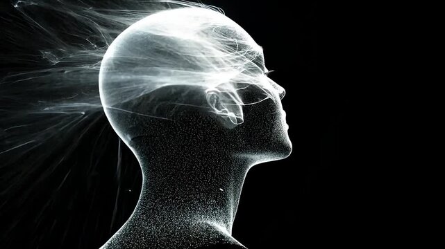 Digital Mind:  A mesmerizing digital art piece depicting a female head composed of particles, ethereal energy emanating from it, symbolizing thoughts, consciousness, or the human mind's complexity.