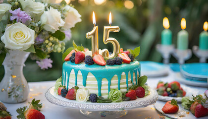 A beautifully decorated birthday cake with the number 15 candle is placed on a festive table, surrounded by fresh fruits and elegant decorations.