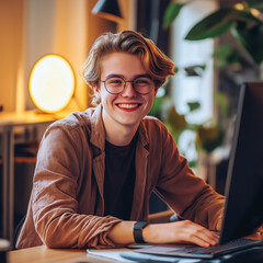 A guy smiling confidently while working at a desk
