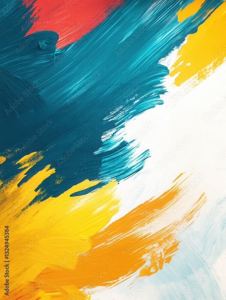 Poster bold strokes of teal, yellow, and red create an artistic expression with clean white space for creat