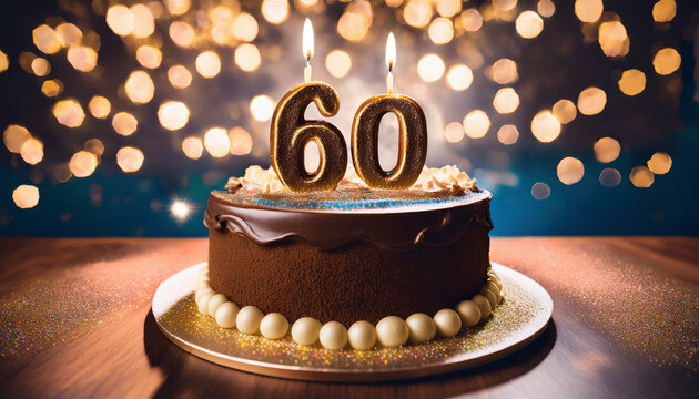 A beautifully decorated chocolate birthday cake with the number 60 candles lit on top, surrounded by a festive bokeh background.
