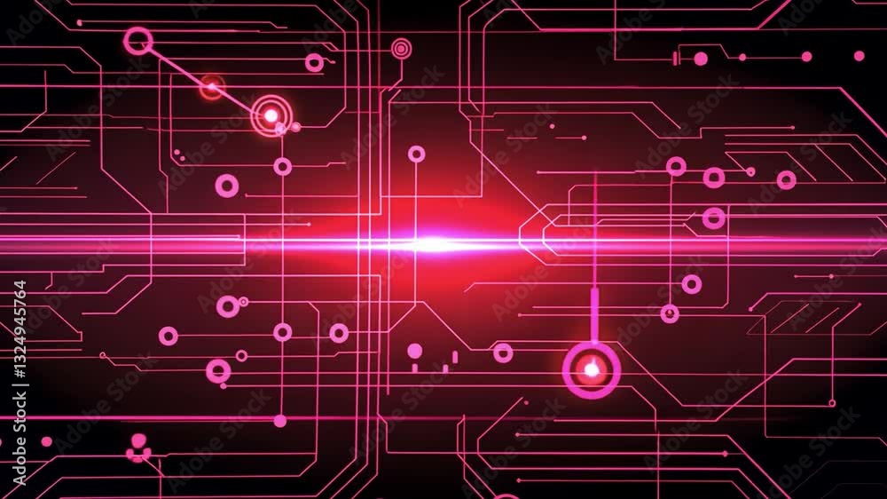 Poster futuristic digital circuit pattern glowing pink lines and nodes on dark background creating technolo