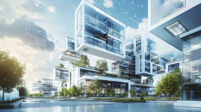 Building design concept. Engineering of autonomous system of smart building. Drafting of communications of house. Project development of apartment house. Architectural drawing, blueprint of facade.