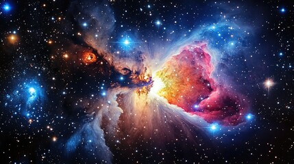 Naklejka premium Stellar Vision: Orion Constellation Illuminated by Cosmic Nebulas in the Vast Night Sky