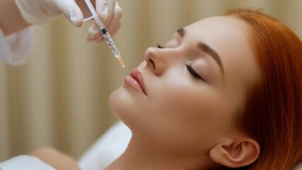 A woman with red hair is receiving a cosmetic lip injection from a professional wearing gloves. - Powered by Adobe