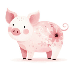 Fototapeta premium Adorable pink pig with cute floral designs and joyful expression