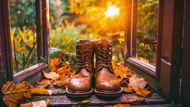 Pair of Brown Leather Boots on Wooden Surface Surrounded by Autumn Leaves with Sunlight Streaming Through Window Creating Cozy and Inviting Atmosphere