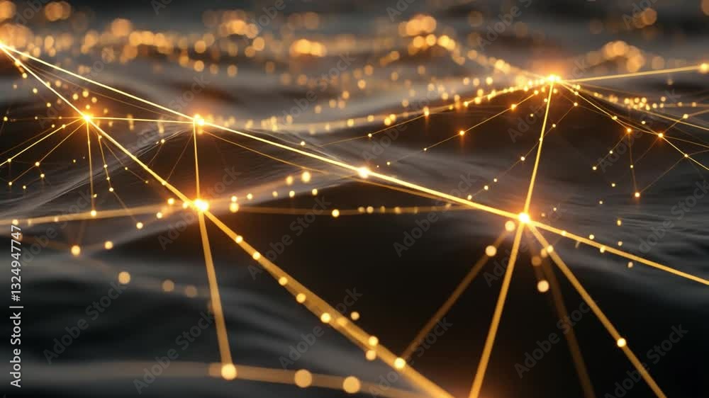 Poster futuristic network of glowing lines and nodes digital web over dark wavy surface creating abstract t