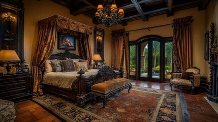 Fototapeta premium Elegant Bedroom with Soft Silk Drapes and Ambient Light