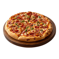 A round pizza topped with pepperoni, green peppers, and cheese, presented on a wooden serving board.