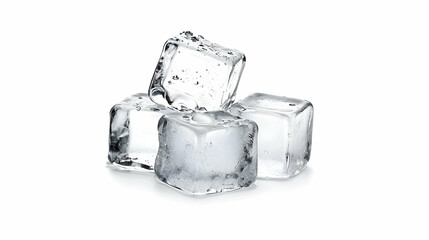 Group Of Four Melting Ice Cubes On White Background With Smooth Texture And Transparent Crystals