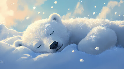 Obraz premium A cute little polar bear sleeps in the snow, surrounded by fluffy clouds of white fur. the sunlight shines through the ice crystals on his face. Polar Glow. Illustration
