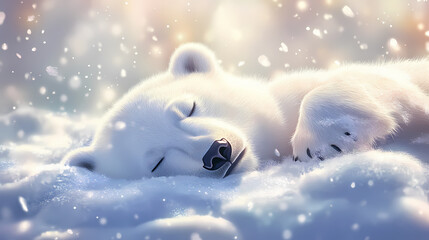 Fototapeta premium A cute little polar bear sleeps in the snow, surrounded by fluffy clouds of white fur. the sunlight shines through the ice crystals on his face. Polar Glow. Illustration