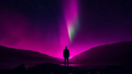 Fototapeta premium Silhouette Person Watching Aurora Borealis Night Sky