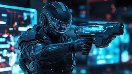 Naklejka premium Futuristic Soldier in Action: Cyberpunk Sci-Fi Artwork