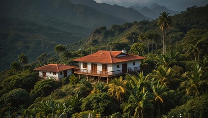 Charming Wooden Hut Nestled in a Tropical Forest Surrounded by Lush Greenery