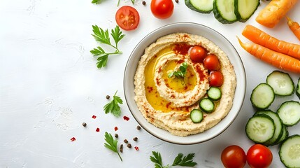 Plate with delicious hummus and fresh vegetables