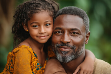 A joyful family of four posing together, with the father carrying his wife on his back while their children smile beside them, set against a backdrop of green grass and trees