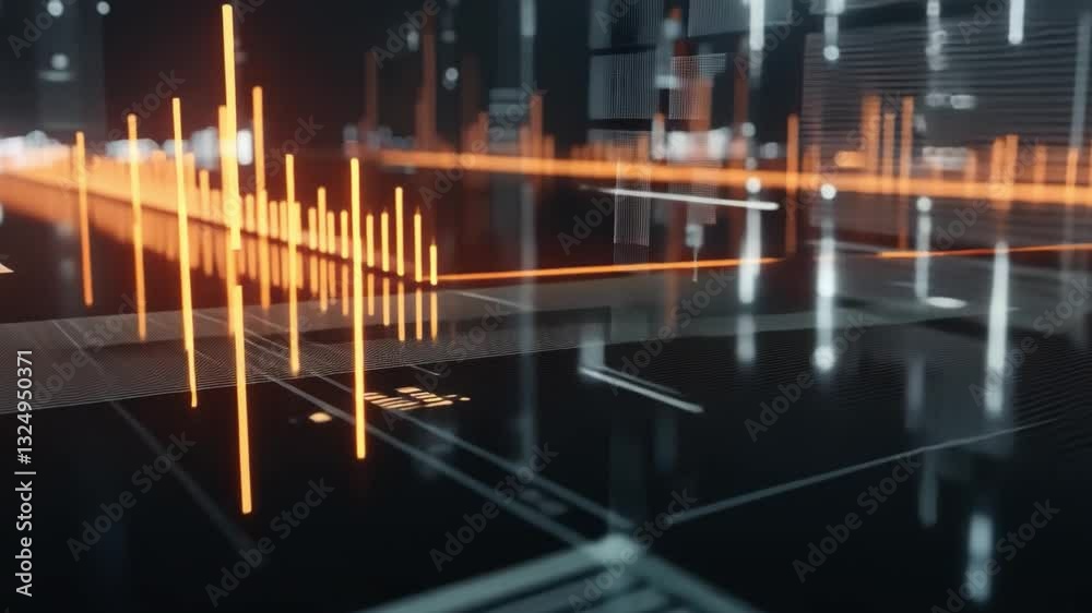 Poster futuristic digital interface with glowing orange graphs and data visualizations advanced technology 