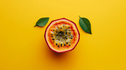 Halved passion fruit on yellow background, surrounded by green leaves, showcasing vibrant colors and juicy texture, representing freshness and tropical vibes, ideal for food blogs or summer themes