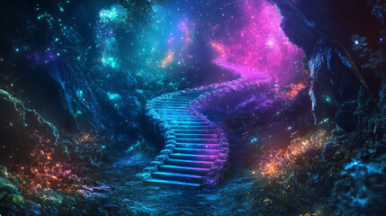 Magic stairs. Future astrology mystery ladder or stairway in fantasy worlds. Neon stairs glowing in dark. Neon stairs with luminous steps in tech style. Fantastic dream ladder or stairway way to up.