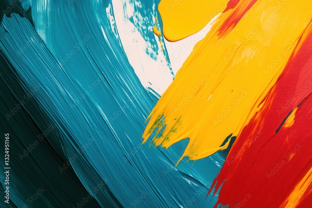 Poster bold abstract background featuring vibrant paint strokes in teal, yellow, and red with a clean white