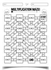 Multiplication maze puzzle worksheet for children