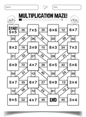 Multiplication maze puzzle worksheet for children