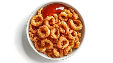 Fried calamari in bowl with condiment on white