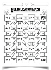 Multiplication maze puzzle worksheet for children