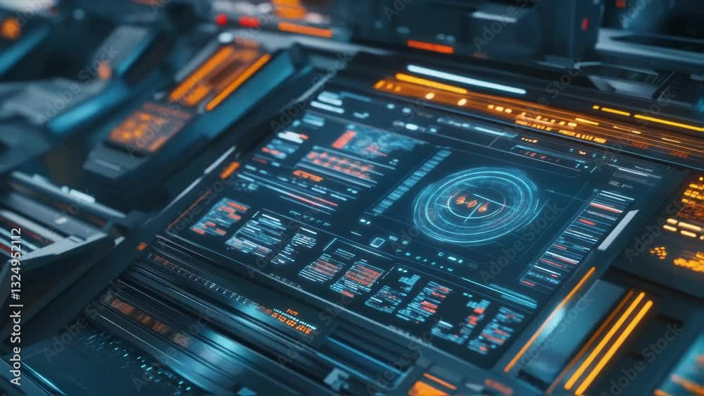 Poster complex digital interface featuring real time data analysis and innovative manufacturing processes, 