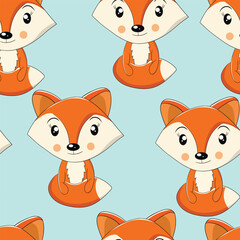 Seamless pattern with cute fox baby on color background. Funny forest animals. Card, postcards for kids. Flat vector illustration for fabric, textile, wallpaper, poster, paper.