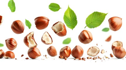 Cracked hazelnuts with leaves in the air