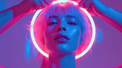 Obraz premium Model Poses Dramatically Under Neon Lights in a Vibrant Setting Highlighting Beauty and Artistry