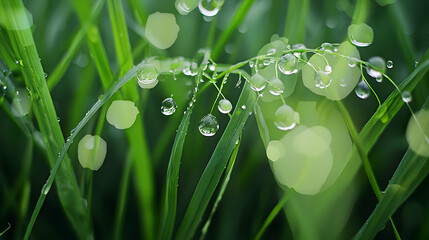Macro Shot of Water Droplets on Green Grass Blades Reflecting Light Under Sunlight in Natural Environment