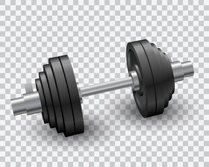 Beautiful realistic perspective view fitness vector of black iron loadable dumbbell on transparent background.