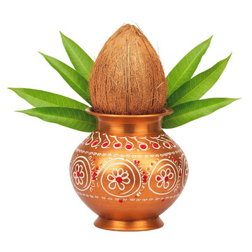 Copper Kalash with coconut, mango leaf, decoration on a white background. Essential in Hindu puja Chaitra Sukhladi