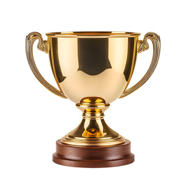 gold tropy cup with plain solid handles and a wooden base on an isolated white background