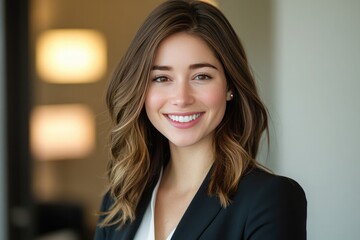 Fototapeta premium Professional Young Woman with a Bright Smile and Warm Expression Captured in a Modern Office Setting Radiating Confidence and Approachability