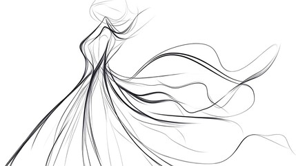 A flowing black and white sketch depicting a woman in dress