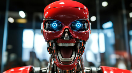 Artificial intelligence destroy humanity. Robot removes the anthropomorphic mask. AI gives the command to destroy. Evil mechanical robot head with burning eyes. Futuristic Scifi illustration.